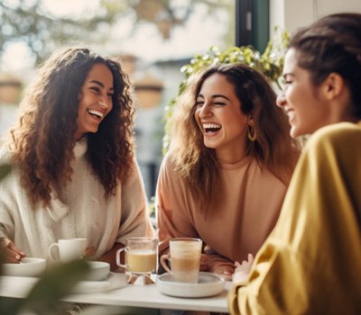 Group of friends smiling while enjoying coffee at cafe